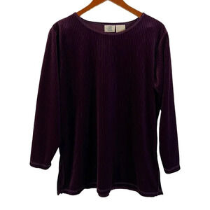 SJB Sport Eggplant Dark Purple Velour Ribbed Top Petite Large Long Sleeve Blouse